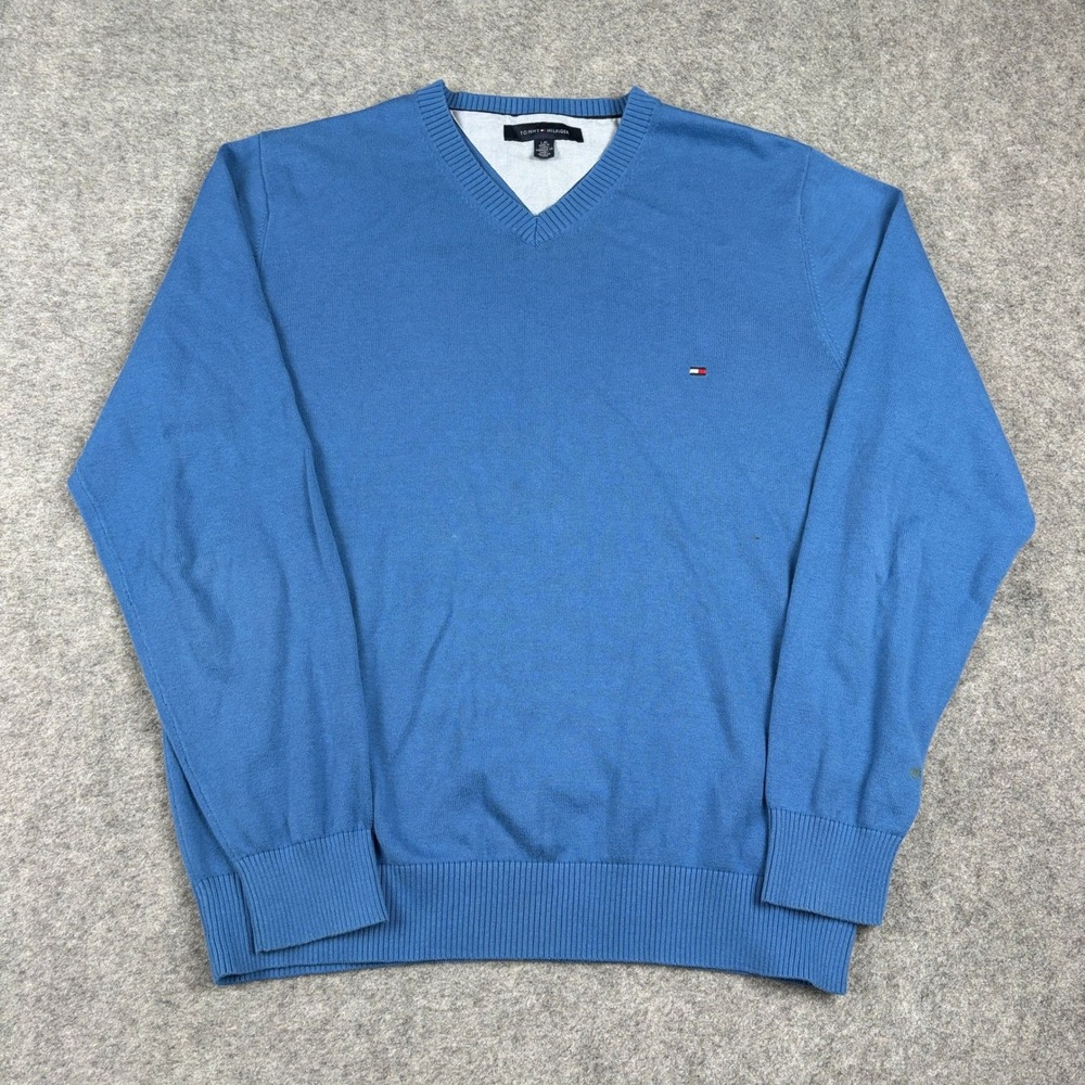 Tommy Hilfiger Sweater Mens L Blue V-Neck Long Sleeve Solid Pullover Knit 2000s